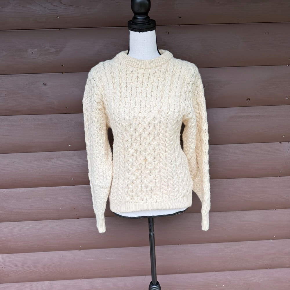 Vtg Aran Country Knitwear Sweater Womens S Cream 100%‎ Wool Cable Knit Ireland
